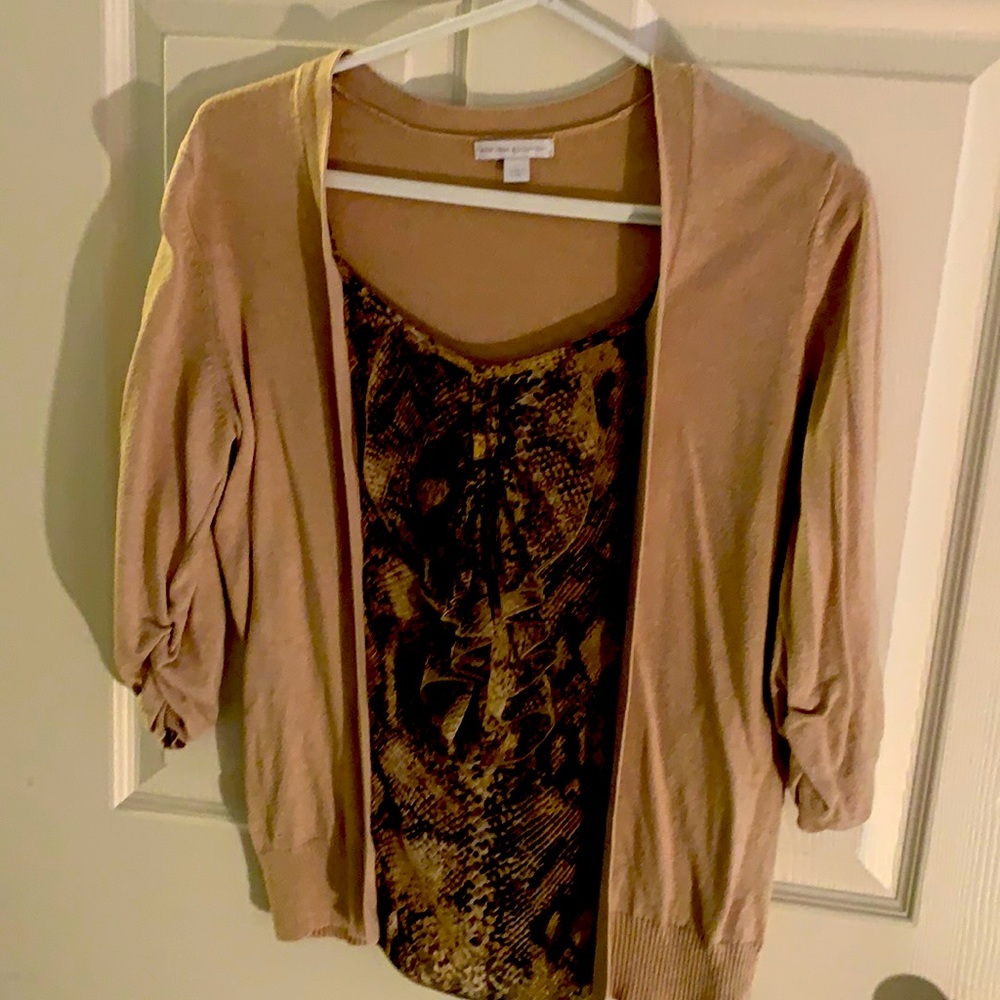 Tan 3/4 sweater with animal print shell.  New York and Company.  Size Large